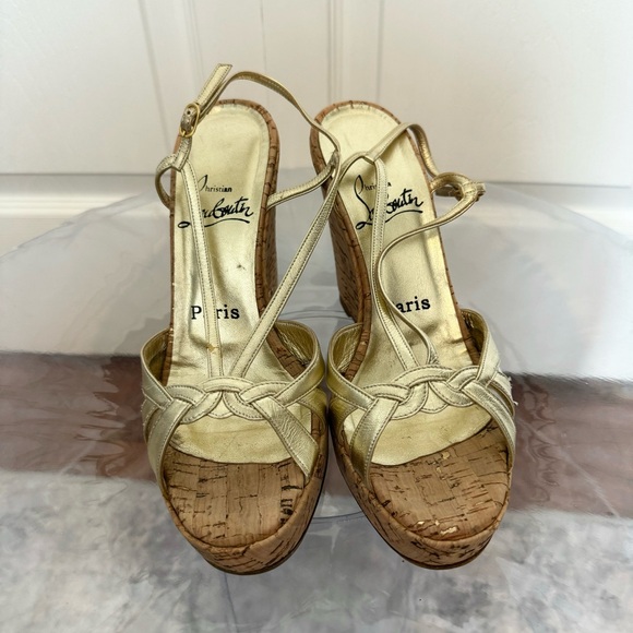 Christian Louboutin Gold Leather Strappy Cork Wedges - US7...